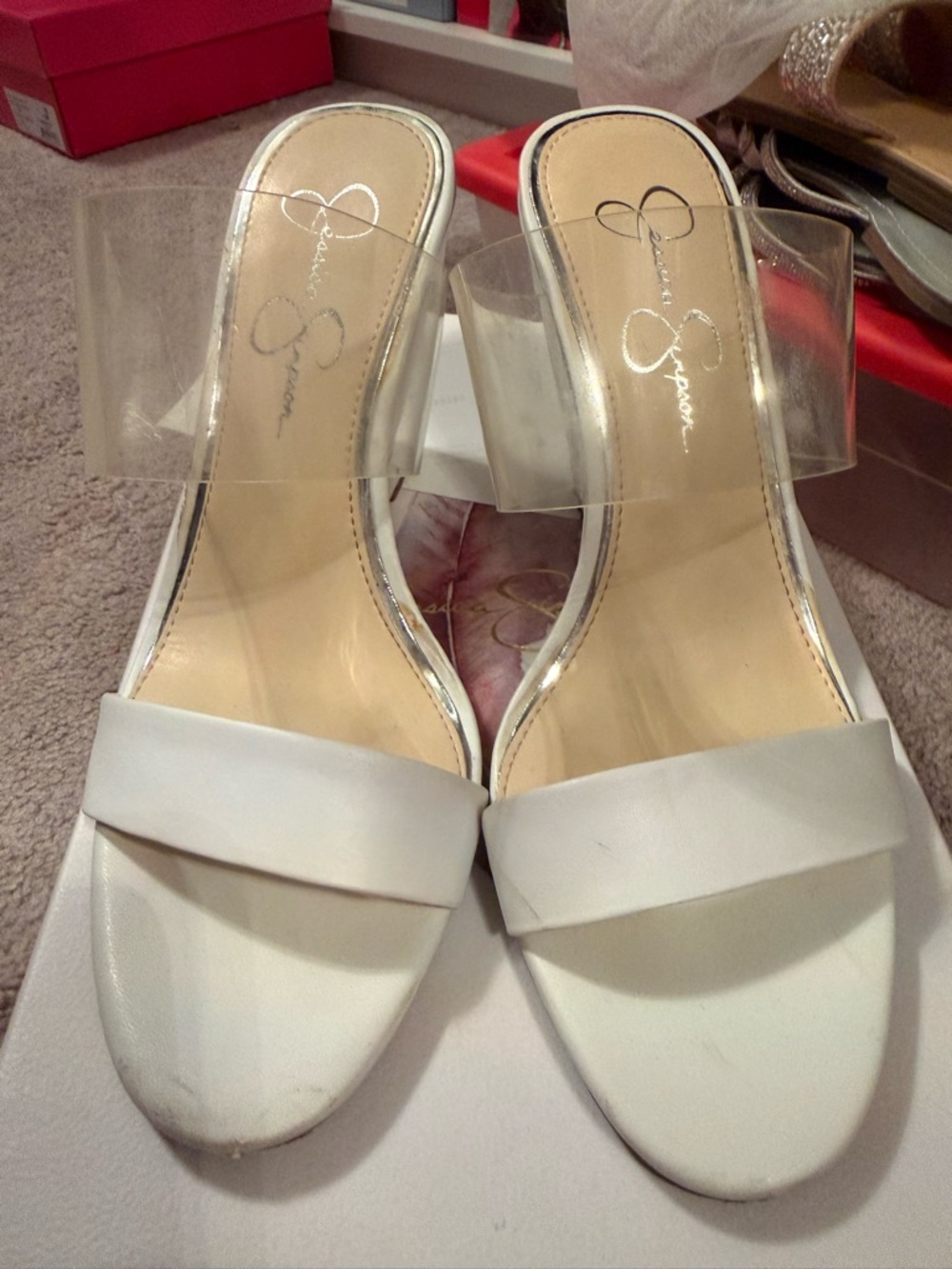 Jessica Simpson White and Clear Slide Heels